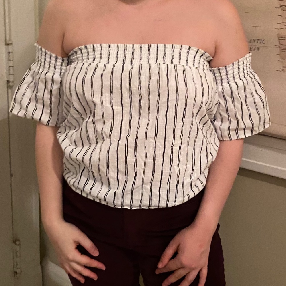 White and Black Striped off the Shoulder Blouse